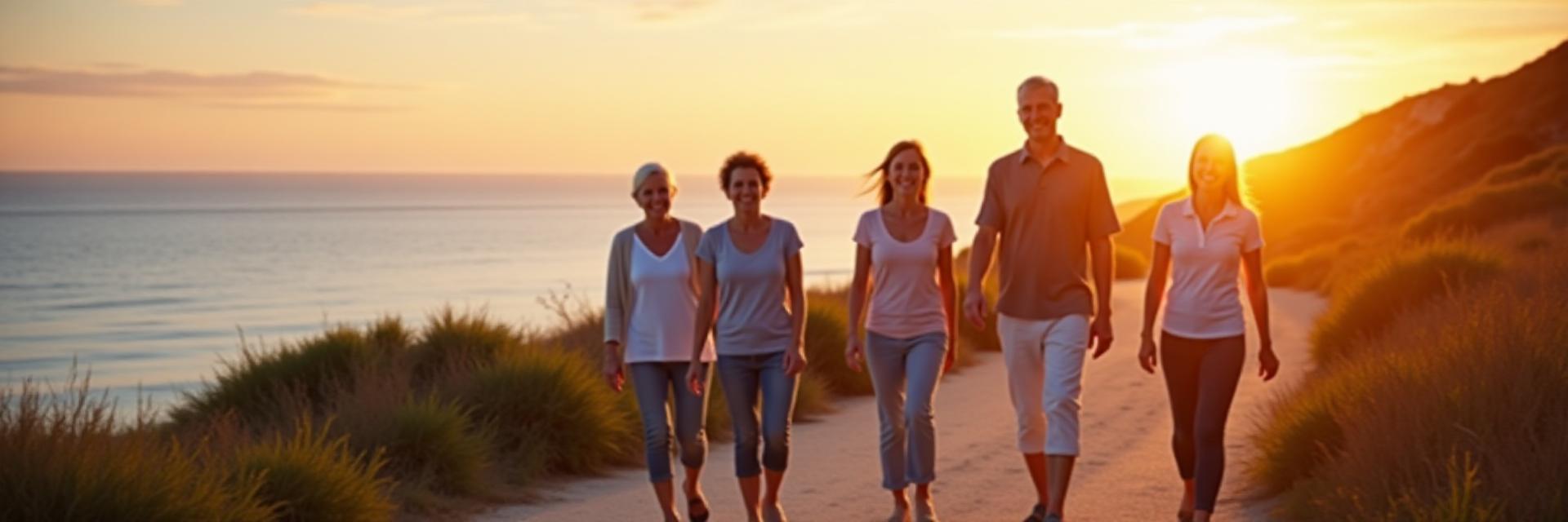 해안가에서 전문가와 함께 걷기 명상하는 중장년층 그룹