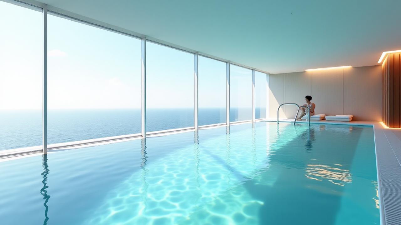 채광이 좋은 넓은 실내 해수 풀 전경